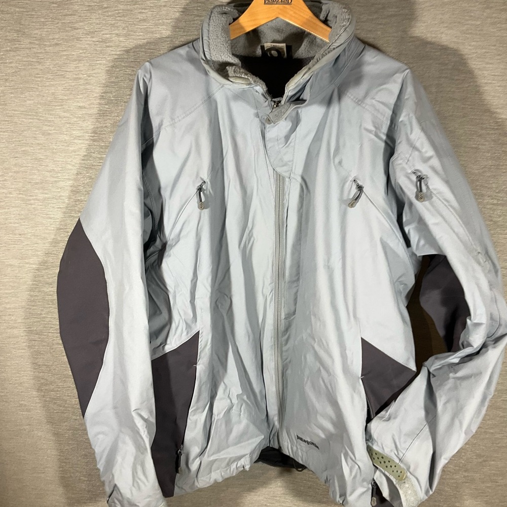 Patagonia Men's Light Blue and Dark Gray Hooded Shell, size XL